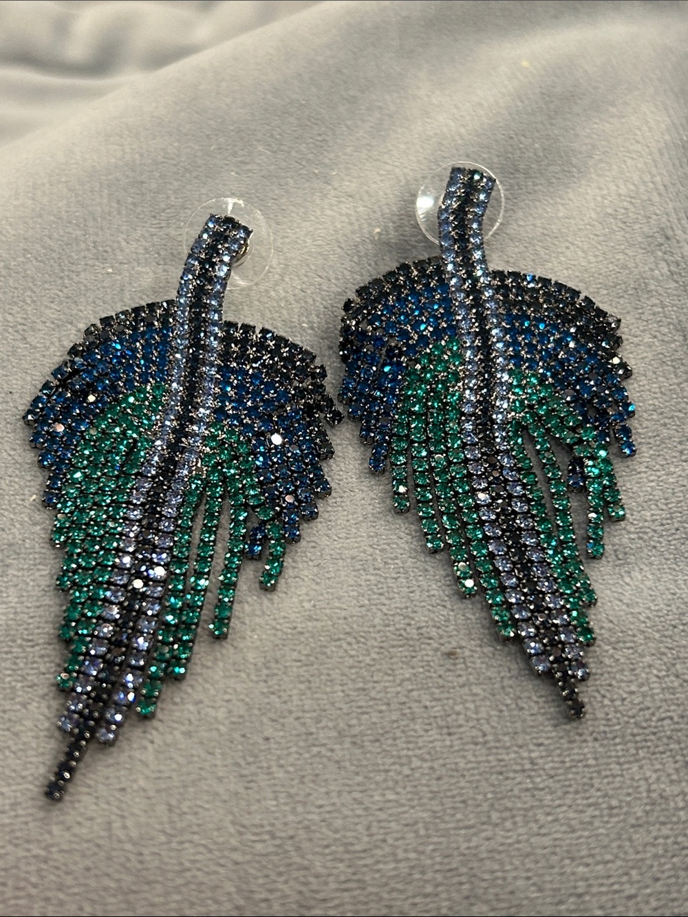Green-Blue Ombre Fringe LeafStatement Earrings-NWT